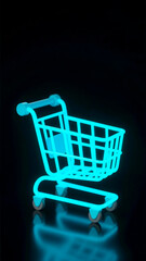 3D shopping cart glowing in dark, isolated on black background for online shopping