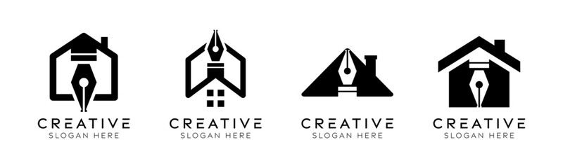 Set of house pencil logo design templates. Modern isolated house with pencil design for architects, tutoring, and education.