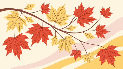 Obraz premium A vibrant autumn illustration showcasing a branch with colorful maple leaves in shades of red and yellow, set against a warm, inviting background
