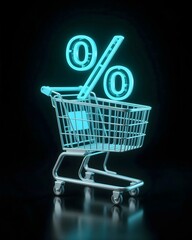 Cyan neon percent sign above chrome shopping cart on black, retail poster