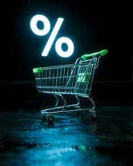 Percent sign glows white over shopping cart on black background
