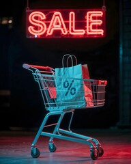 Shopping cart carrying paper bag with percent sign under red neon SALE sign on dark background
