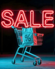 Red neon SALE sign glows above shopping cart with percent bag against dark backdrop