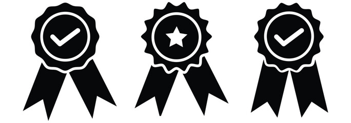 certified medal icon check mark symbol, premium quality icon sign - Approval badge ribbon icon tick mark symbol