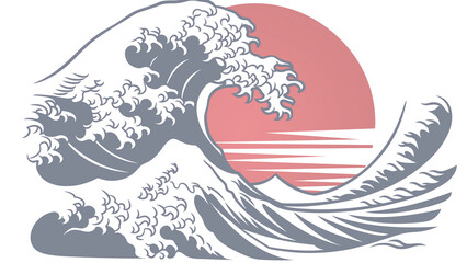 赤い太陽と白い背景の大きな波、浮世絵風イラスト