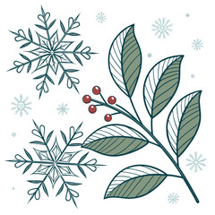 Winter holiday illustration with snowflakes and a branch