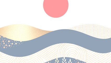 金と青の波と赤い太陽、モダンでシンプルな和風背景