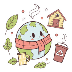Cartoon earth wearing a scarf surrounded by ecofriendly elements