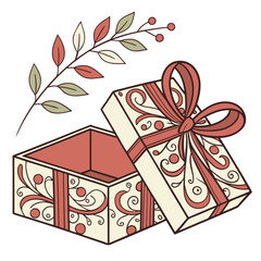 Elegant open gift box with red ribbon and branch