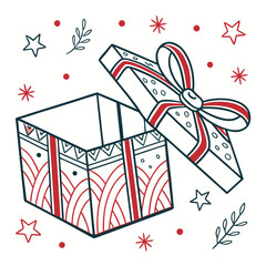Open gift box with ribbon and stars