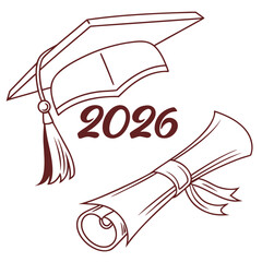 Simple graduation cap and diploma illustration for 2026