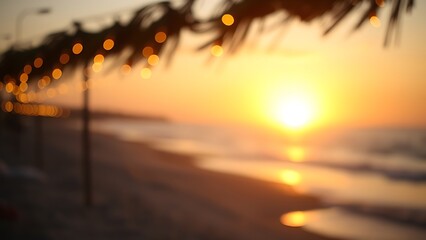 A serene beach at sunset with warm golden light and softly glowing string lights, evoking coastal tranquility.