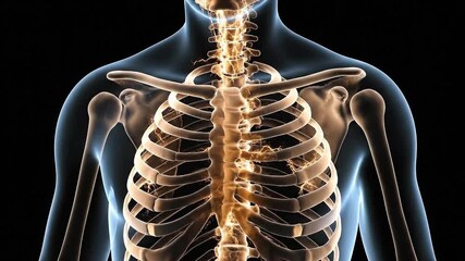 Close-up animated visualization of human skeletal system anatomy with glowing bones and translucent blue body outline against a - Powered by Adobe