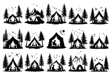 Obraz premium Camping scenes with people trees mountains and birds silhouettes