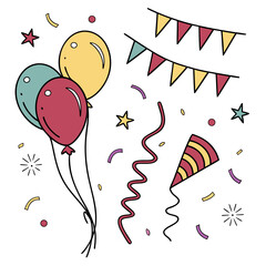 Festive party decorations with balloons, confetti, and streamers