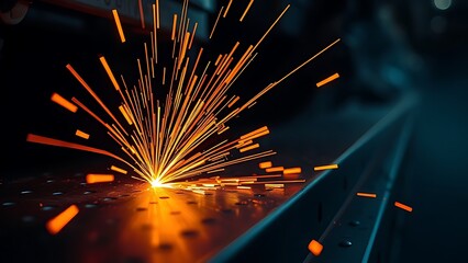 Close-up of glowing orange sparks on textured metal in a dark industrial environment.