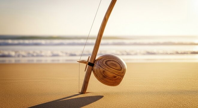 Musical instrument rests on sandy beach with ocean waves in background.