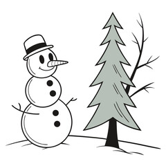 Snowman and christmas tree in winter scene