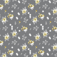 Seamless Yellow Floral Pattern on Grey Background