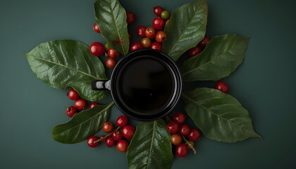 a glass of black coffee with a background of coffee leaves and beans