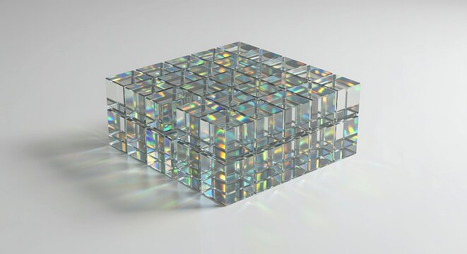 Cube made of transparent cubes with rainbow reflections on white - Powered by Adobe