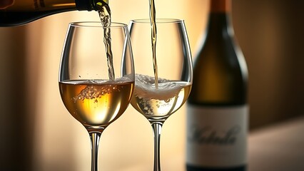 Two elegant wine glasses being poured, capturing a sophisticated and warm ambiance.