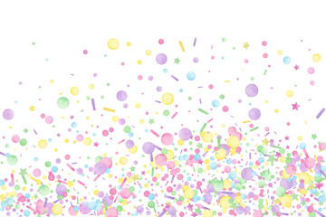 Star and circle pastel confetti particles vector scatter. Pink blue yellow green confetti. New Year, Birthday or Valentine's Day greeting card backdrop