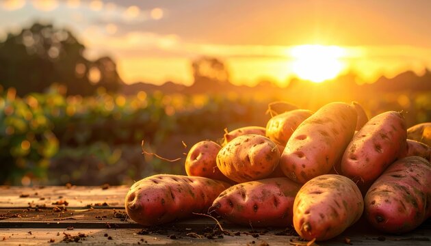 Fresh red potatoes resting on rustic wooden table close up of vibrant red potatoes artfully arranged on charming wooden surface ready for cooking