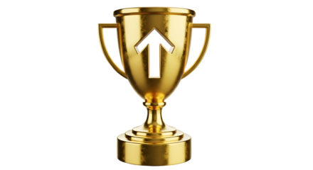 3d icon of golden trophy with upward arrow isolated on transparent background, symbolizing success, achievement, and positive growth