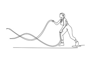Continuous one line drawing active woman intensely performing battle rope waves in low stance, explosive power and demanding cardio fitness workout. Single line draw design vector graphic illustration
