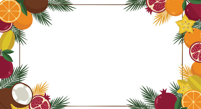 Vibrant tropical fruit and palm leaf border illustration for summer events healthy eating concepts or exotic vacation themes