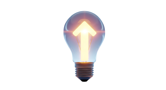 3d icon of light bulb with arrow pointing up isolated on transparent background, symbolizing innovation and growth