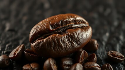 A macro shot of roasted coffee beans with textured details on a dark slate background.