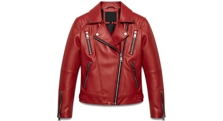 A red leather jacket with zippers is displayed on a white background in a studio setting