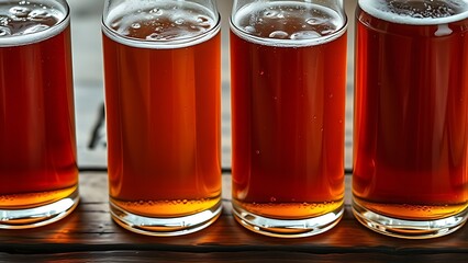 Four amber-hued beverage vessels arranged on a rustic wooden surface with condensation droplets.