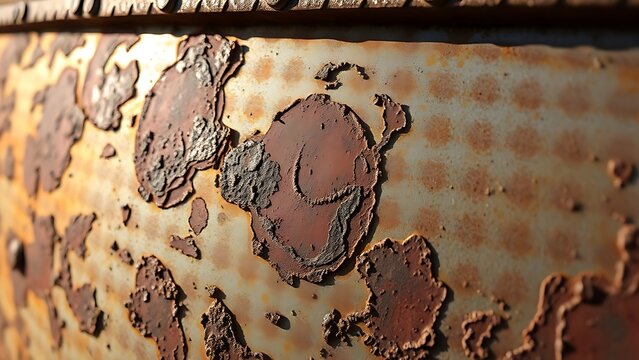 Close-up of oxidized steel surface with intricate rust patterns, showcasing metallic weathering details under directional light.
