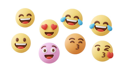 3d icon of collection of diverse emoji isolated on transparent background expressing various emotions and feelings in digital communication