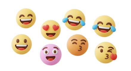 3d icon of collection of diverse emoji isolated on transparent background expressing various emotions and feelings in digital communication