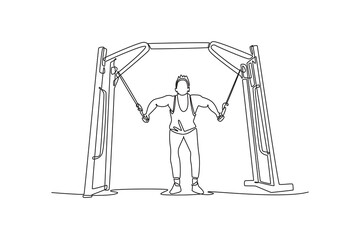 Single continuous line drawing attractive man is performing cable fly exercise on cable machine, focused chest strength and dynamic upper body workout. One line draw graphic design vector illustration