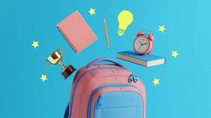School supplies floating around a backpack against a blue background create a fun scene