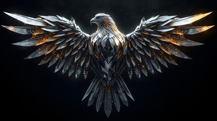 Eagle made of metallic shards and glowing glass fragments with geometric wings and HDR brilliance