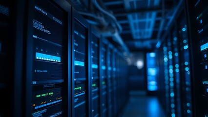 Technical environment featuring server racks illuminated by cool blue lighting.
