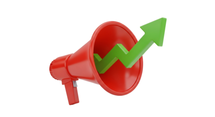 3d icon of red megaphone with green arrow isolated on transparent background, symbolizing growth and positive communication