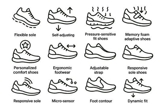 Ergonomic strap memory shoes fit icon shoe sole sneakers comfort vector smart