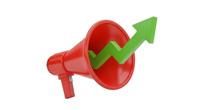 3d icon of red megaphone with green arrow isolated on transparent background, symbolizing growth and positive communication