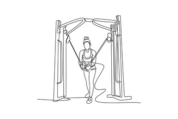 Single continuous line drawing woman is performing cable crossover exercise on cable machine, focused chest, arm strength, disciplined fitness workout. One line draw graphic design vector illustration