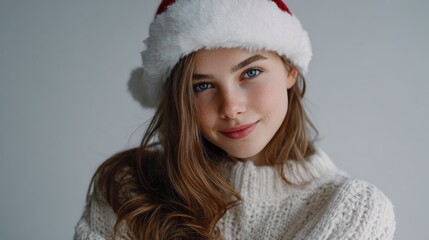 Beautiful young woman wearing a Santa hat and cozy sweater smiles at the camera