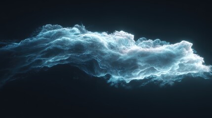 Abstract cloud formation with glowing particles against a dark background