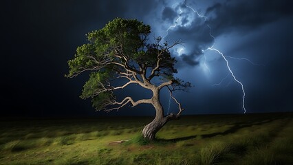 superego. A lone tree bent by strong winds during a stormy night with dramatic lighting. ESG reports, sustainability campaigns, designed for sustainability communications and ESG reporting.