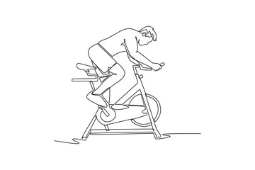 Single one line drawing young man is leaning heavily into an intense cycling workout on stationary bike, cardio endurance and focused training. Continuous line draw design graphic vector illustration